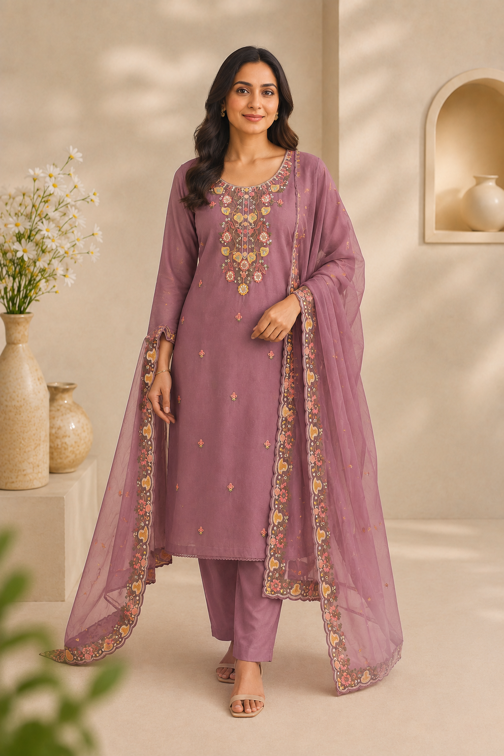 Mauve Garden Embroidered Suit