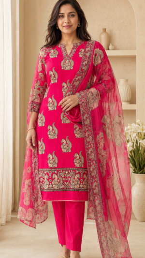 Rani-pink suit with traditional peacock prints