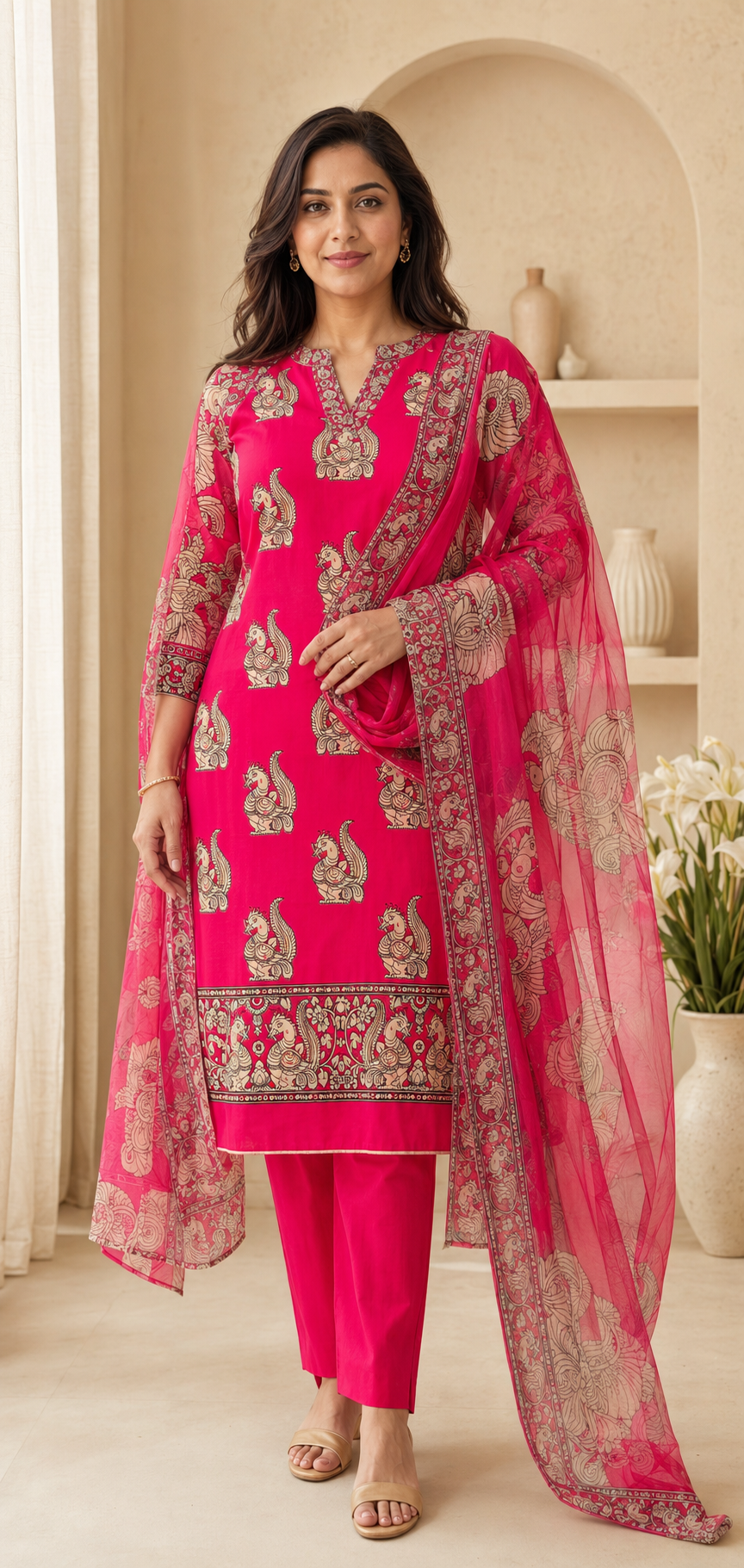 Rani-pink suit with traditional peacock prints