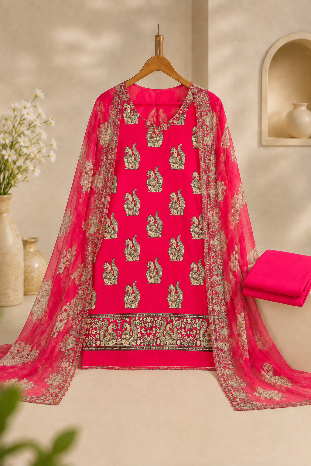 Rani-pink suit with traditional peacock prints - Image 2