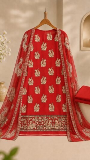 Rani-pink suit with traditional peacock prints - Rust Colour